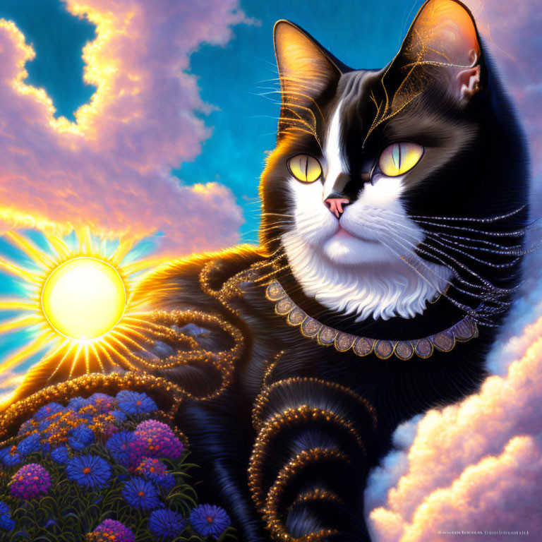 Majestic black and white cat with yellow eyes and golden necklace in radiant sun and purple flowers