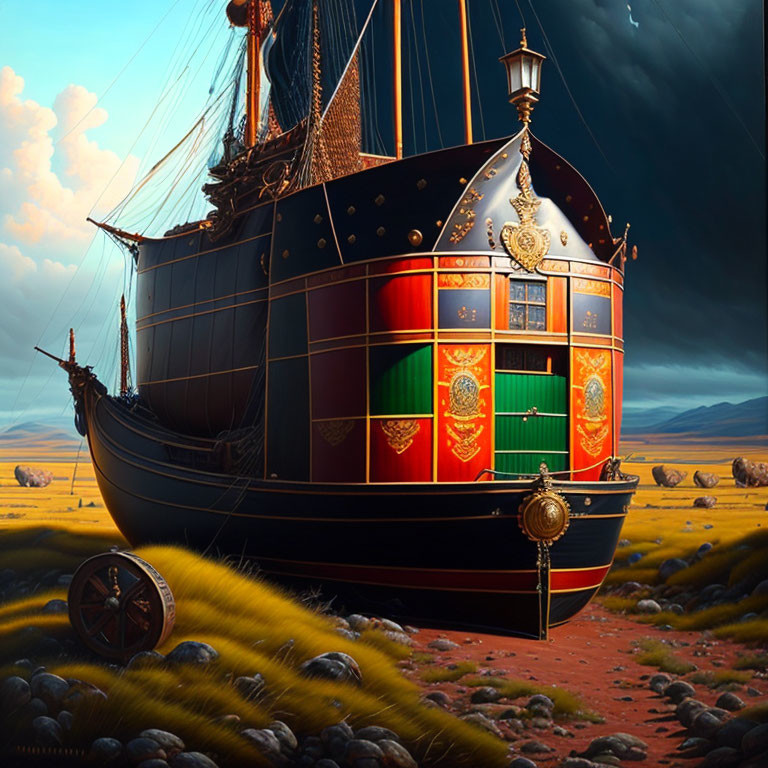 Colorful galleon ship stranded in desert landscape under dramatic sky