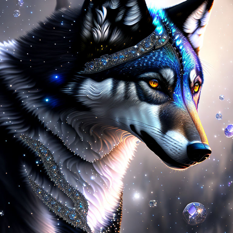 Mystical wolf with celestial elements on starry backdrop