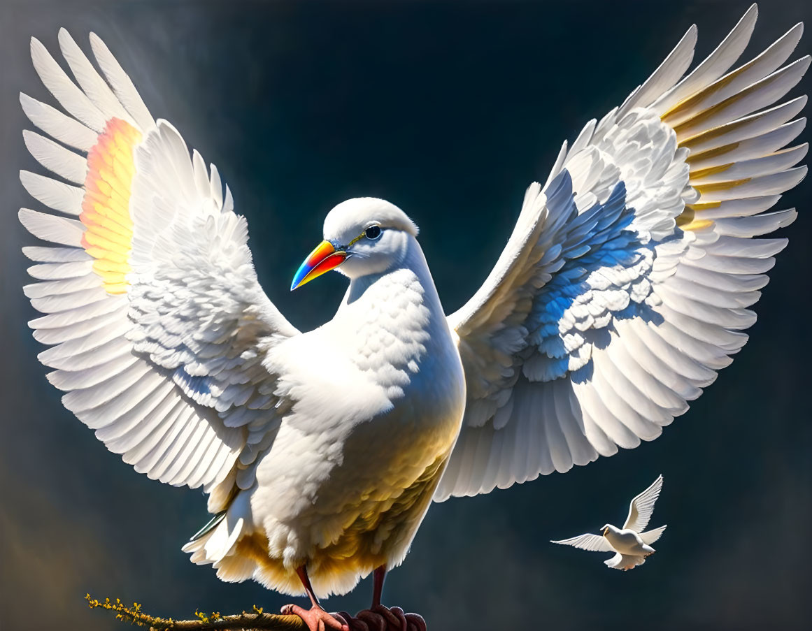 White bird with wings spread perched on branch against cloudy sky