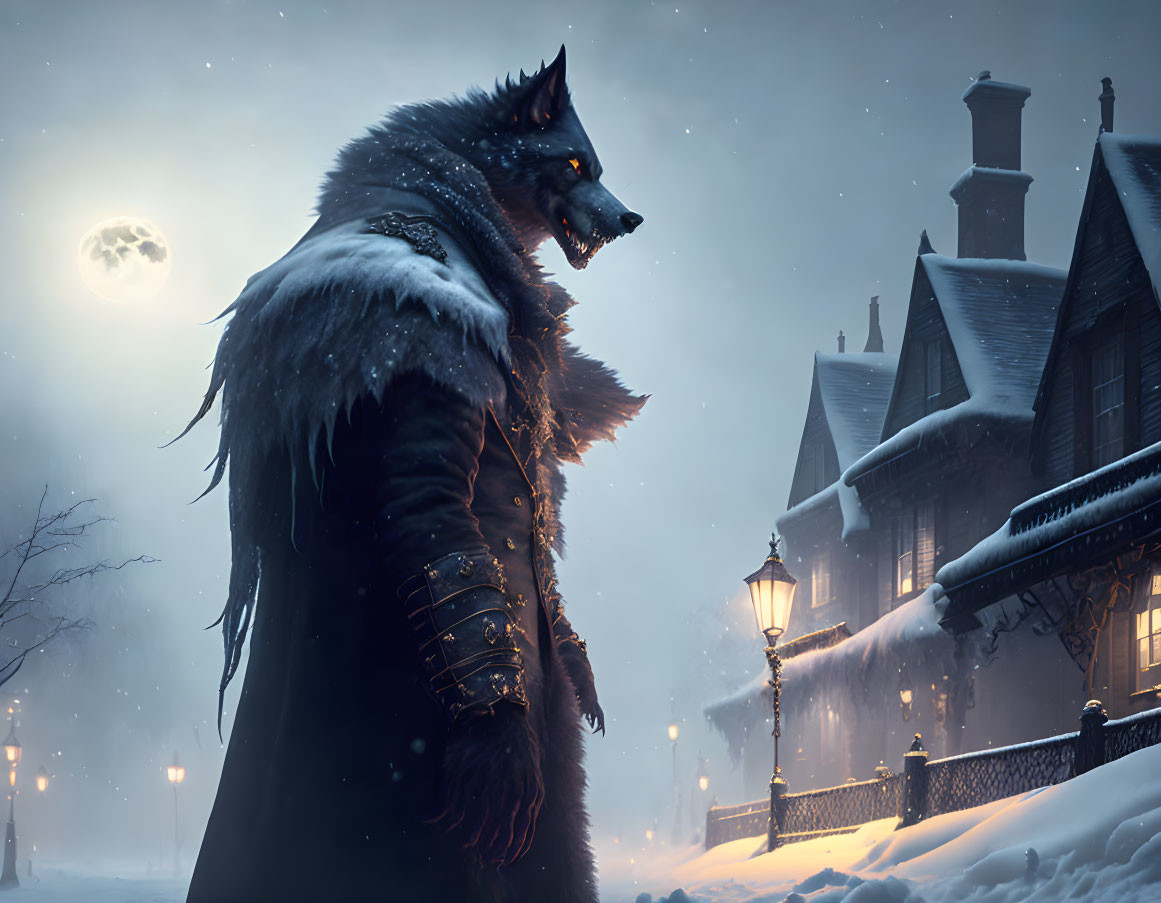 Anthropomorphic wolf in cloak in snowy Victorian setting under full moon