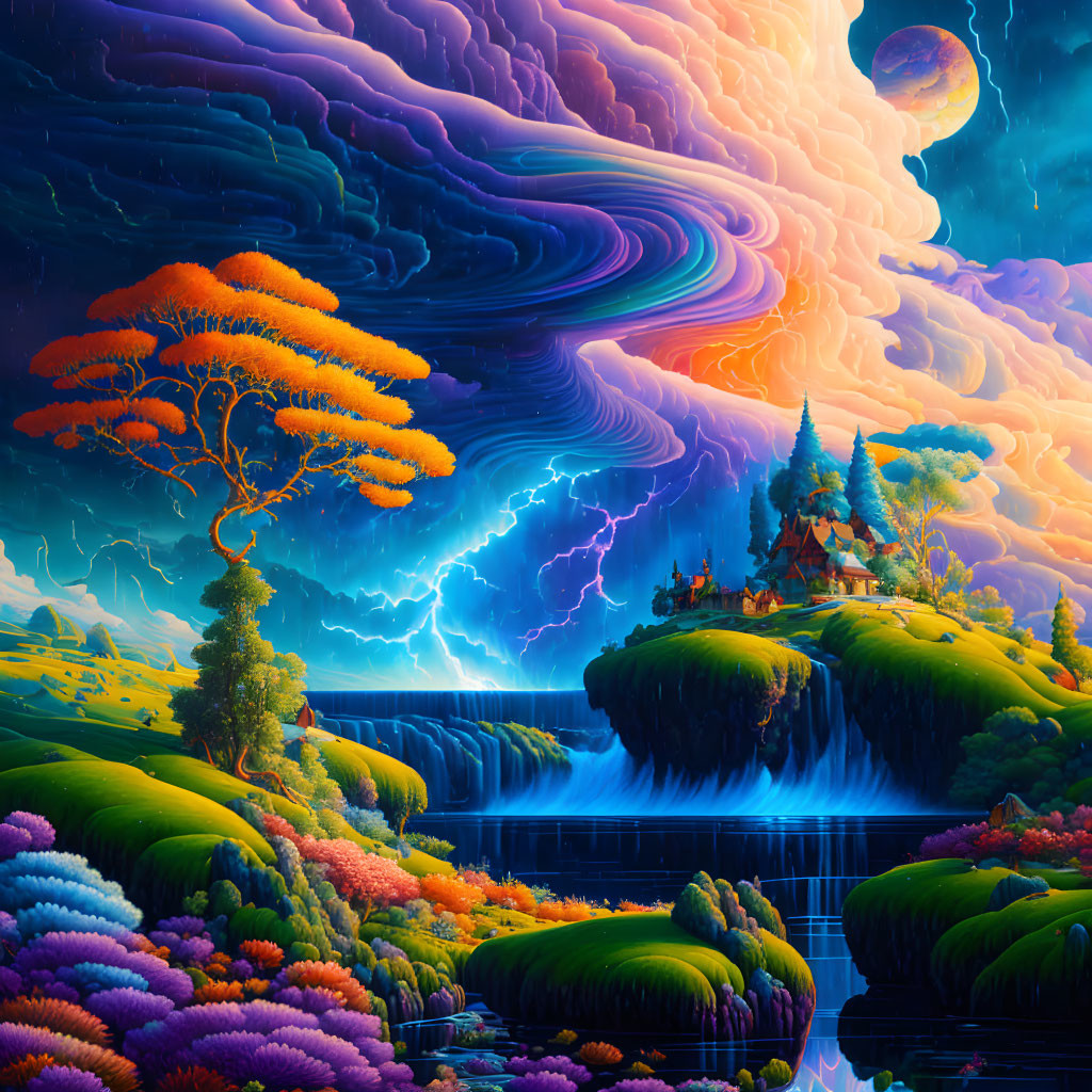 Colorful surreal landscape with swirling clouds, orange tree, waterfall house, and distant planet.