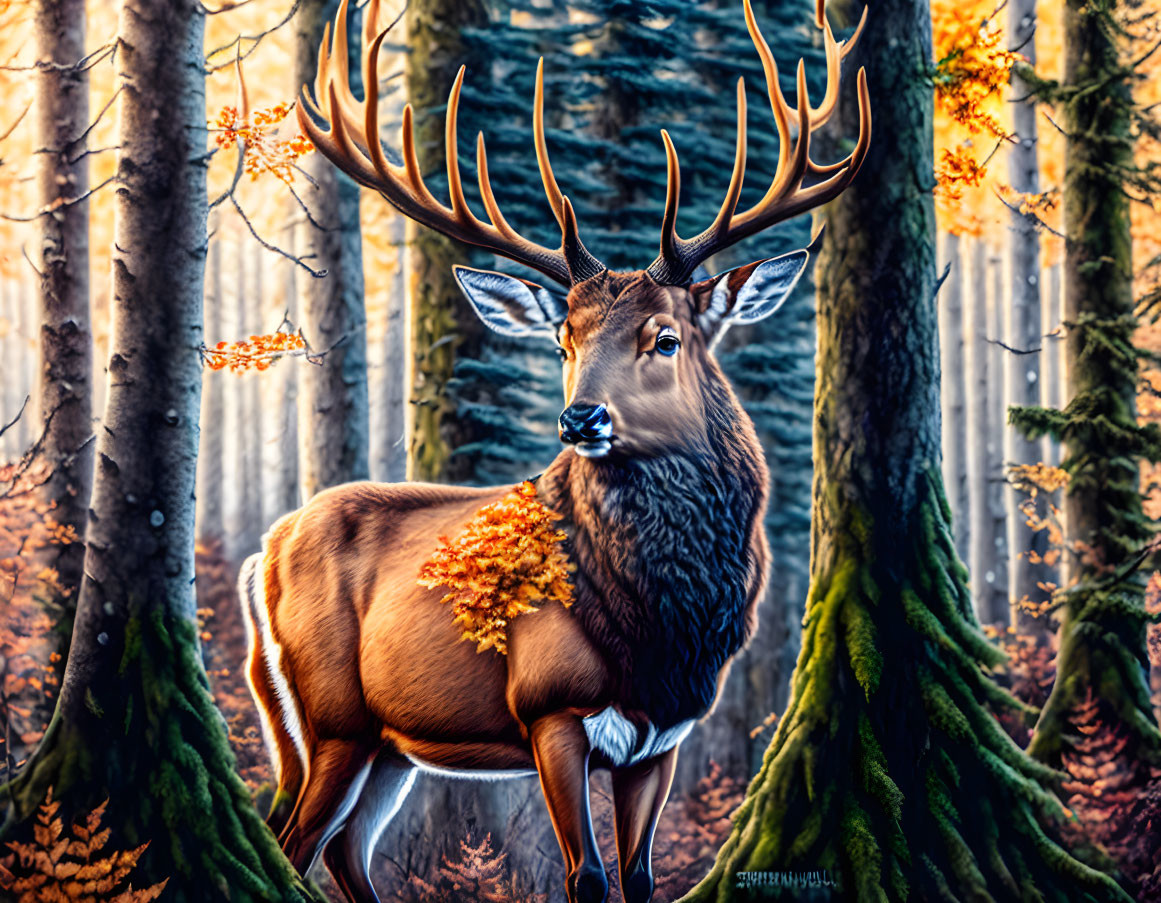 Majestic stag with full antlers in vibrant autumn forest