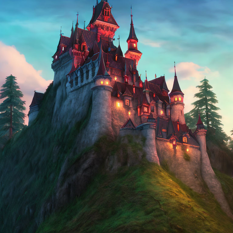 Majestic fairy-tale castle on hill at sunset