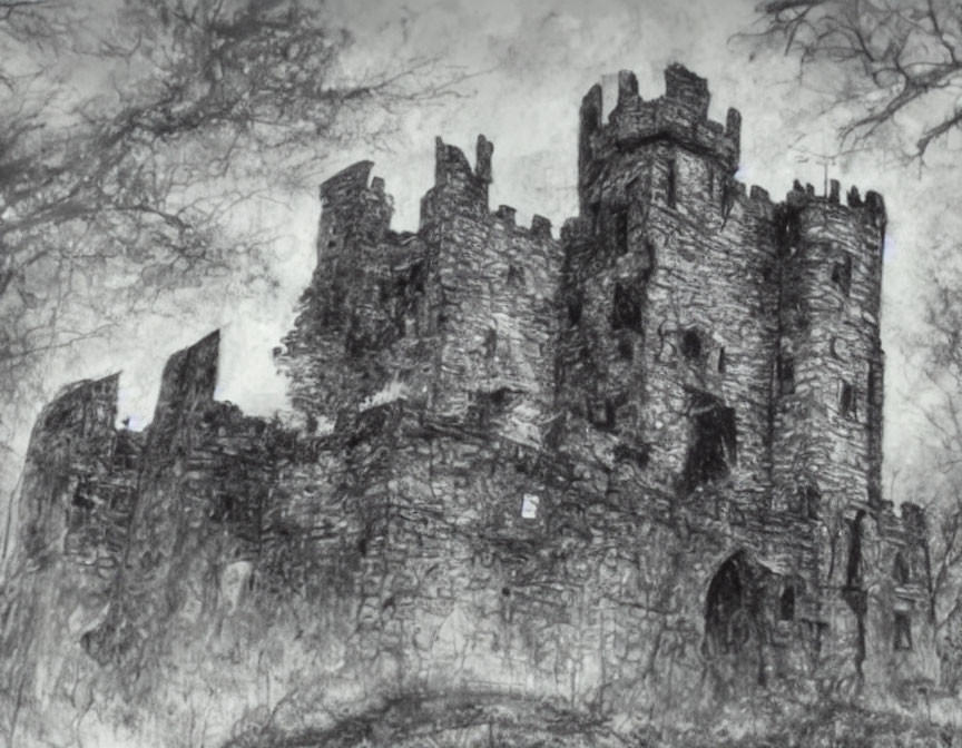 Dilapidated stone castle with towers and broken walls in monochromatic sketch style