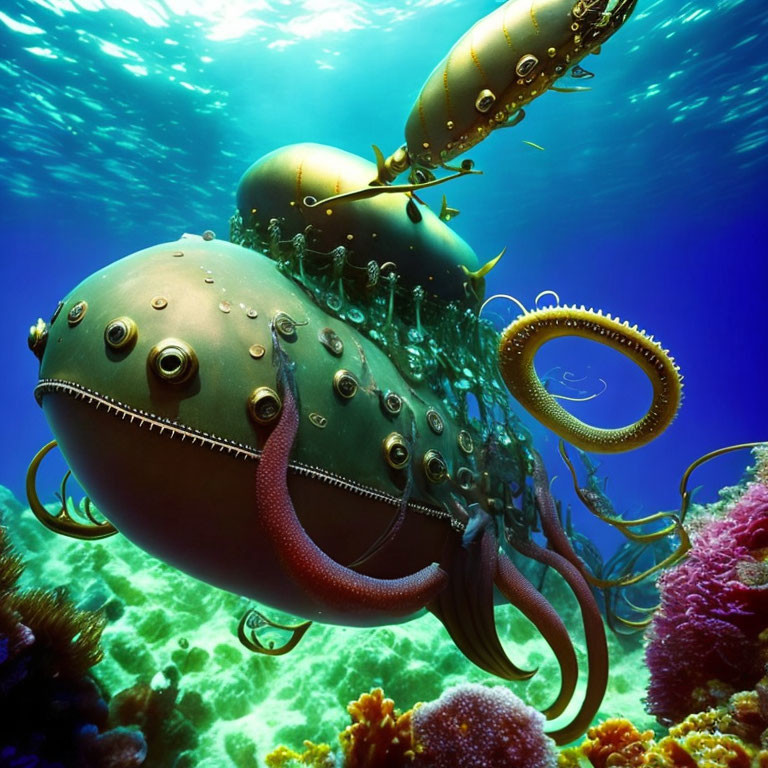 Octopus-Shaped Submarine Submerged in Vibrant Underwater Scene