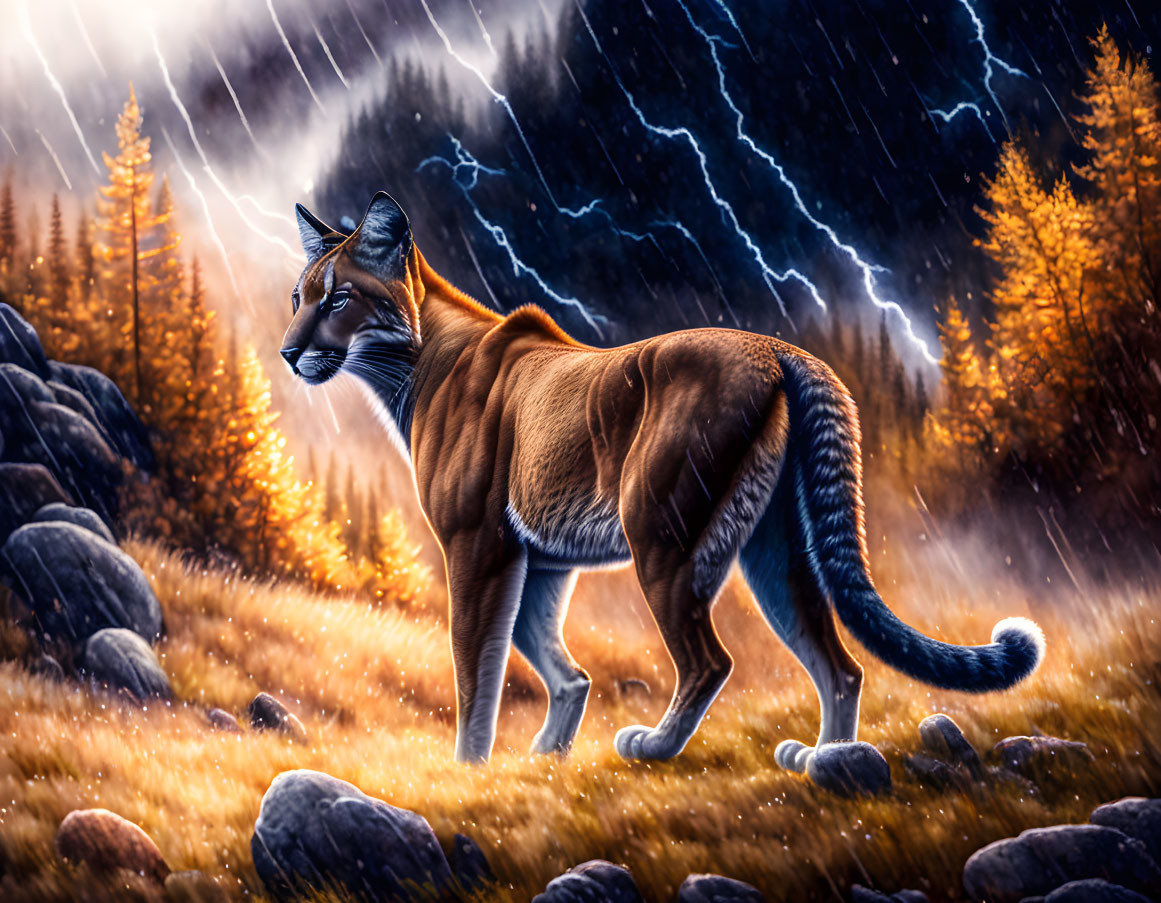 Majestic caracal in stormy landscape with lightning and rain