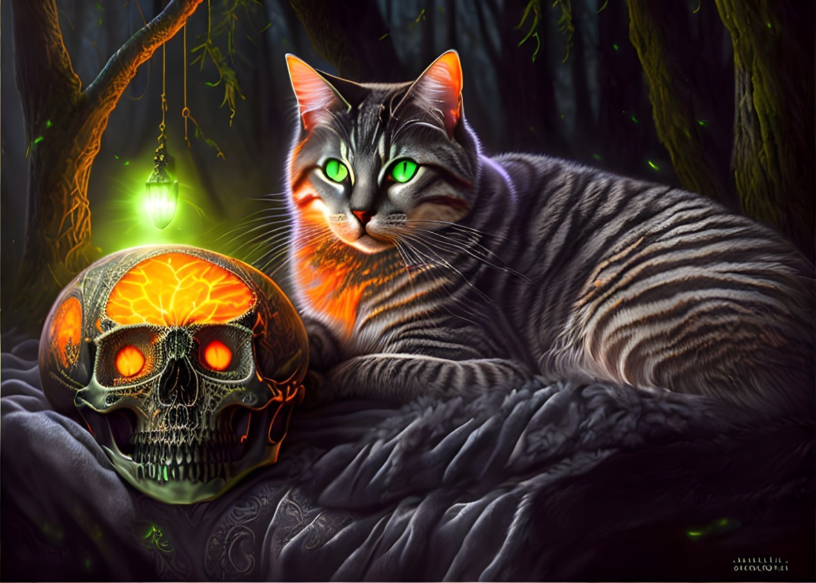 Striped cat and glowing skull in mystical forest scene.