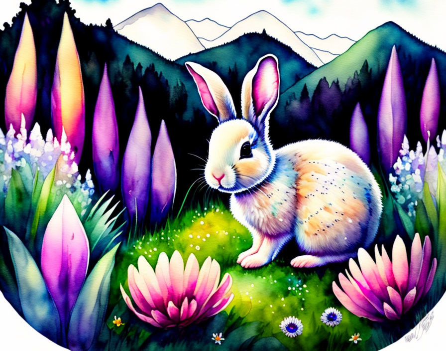 Vibrant rabbit illustration with colorful flowers and whimsical mountains