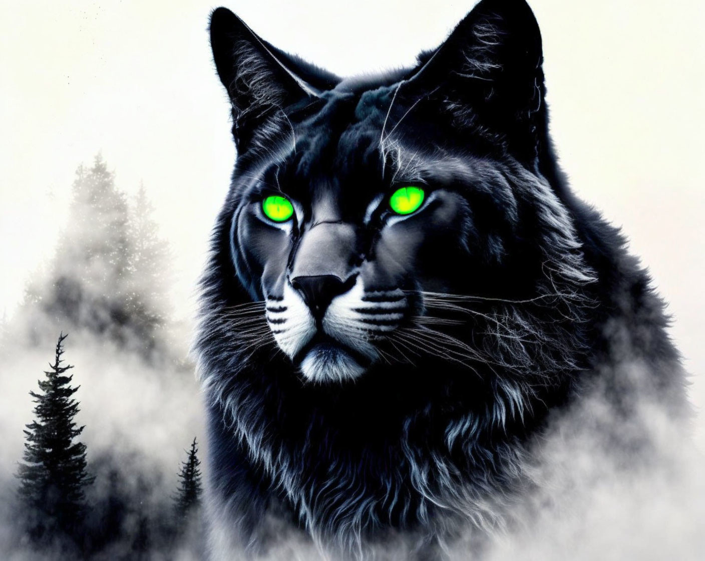 Black Lynx with Glowing Green Eyes in Misty Forest