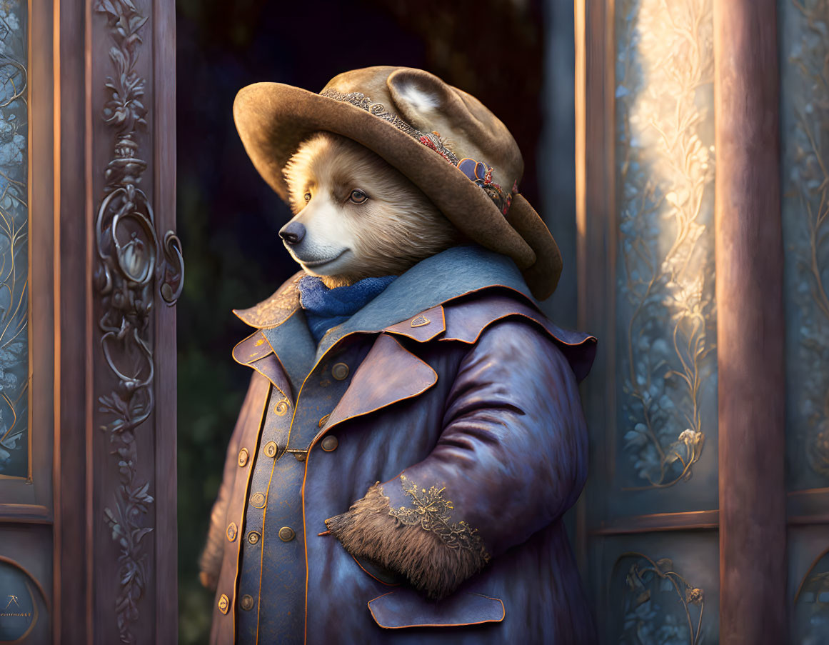 Elegant anthropomorphic fox in historic admiral's uniform and hat.