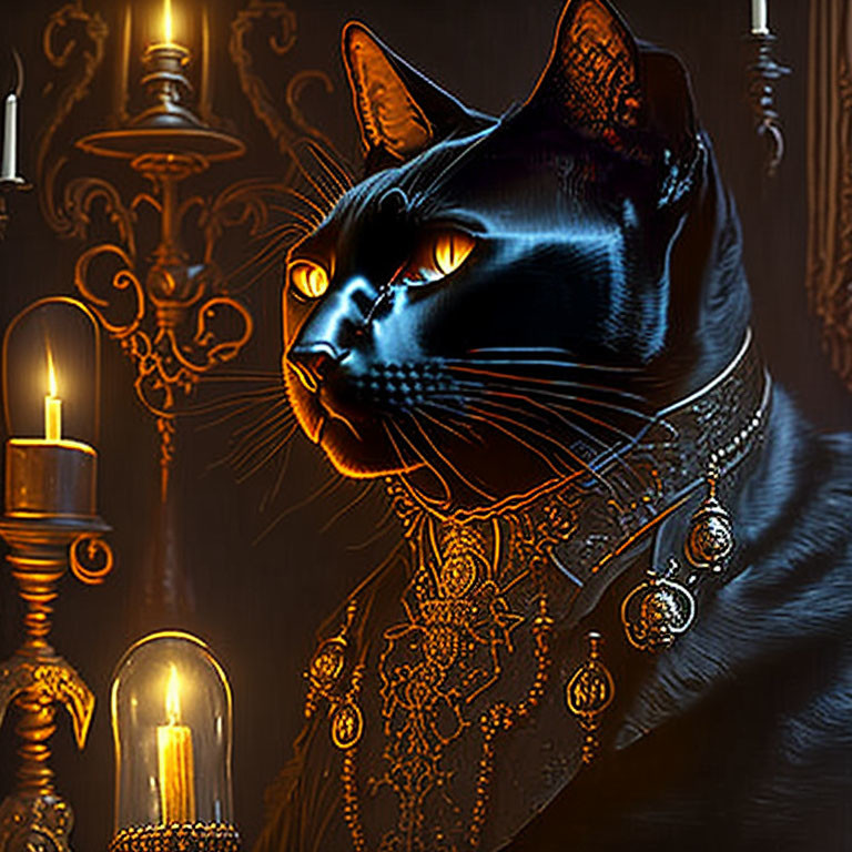 Mystical black cat with glowing eyes and jewelry by candlelight