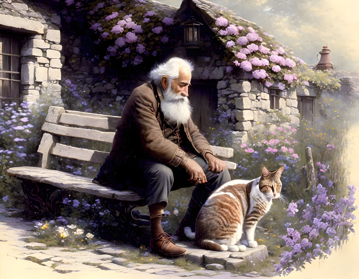 Elderly man with white beard petting cat near stone cottage.