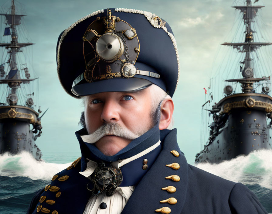 Steampunk captain with mechanical monocle in decorated uniform by ships