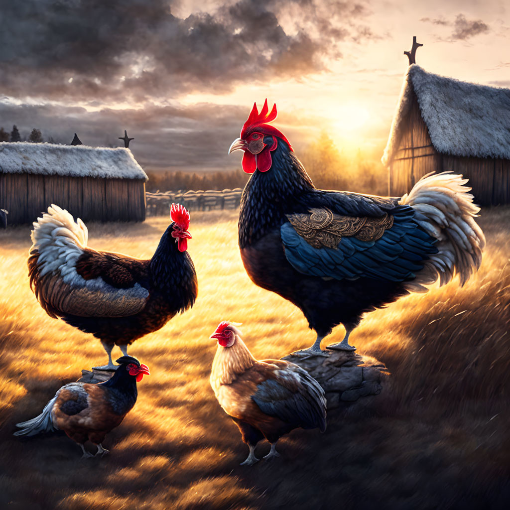 Chickens in Golden-lit Farmyard with Rooster and Hens