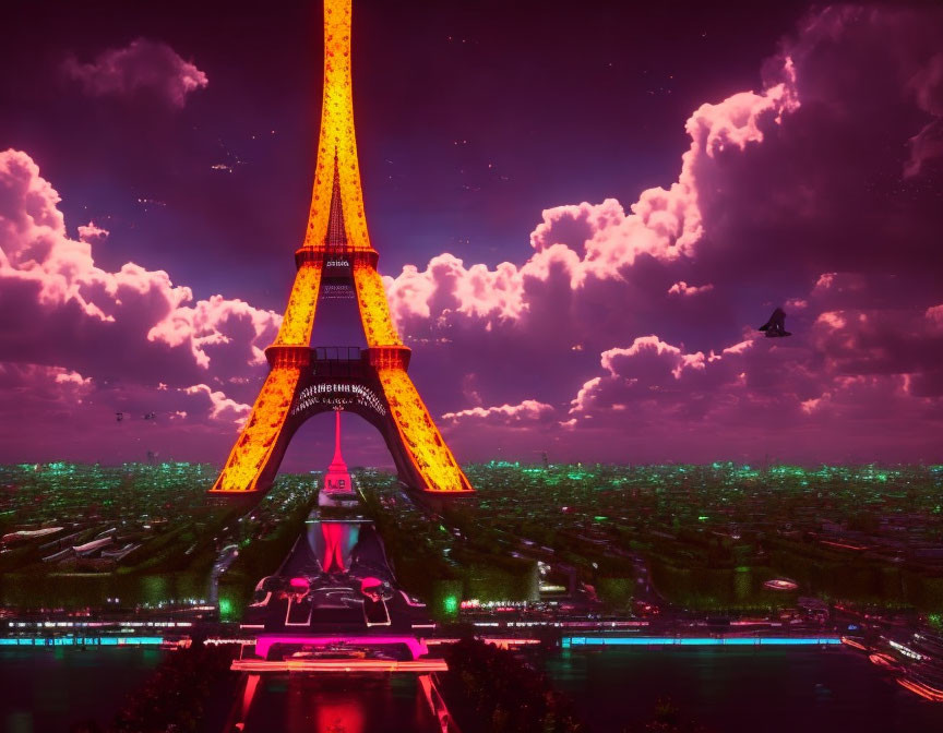 Neon-lit Eiffel Tower in pink and purple dusk cityscape