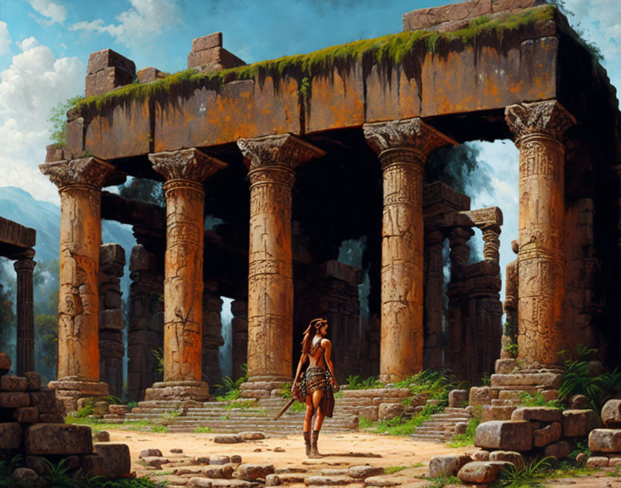 Woman in primitive attire at ancient vine-covered ruins