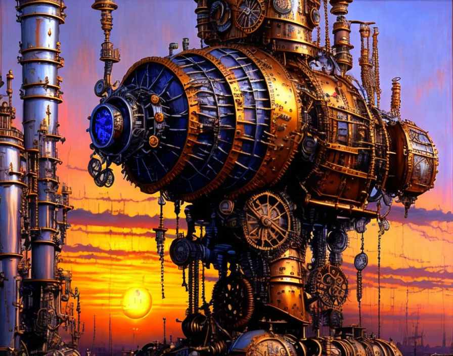Steampunk machine with gears and pipes on sunset backdrop and blue accents