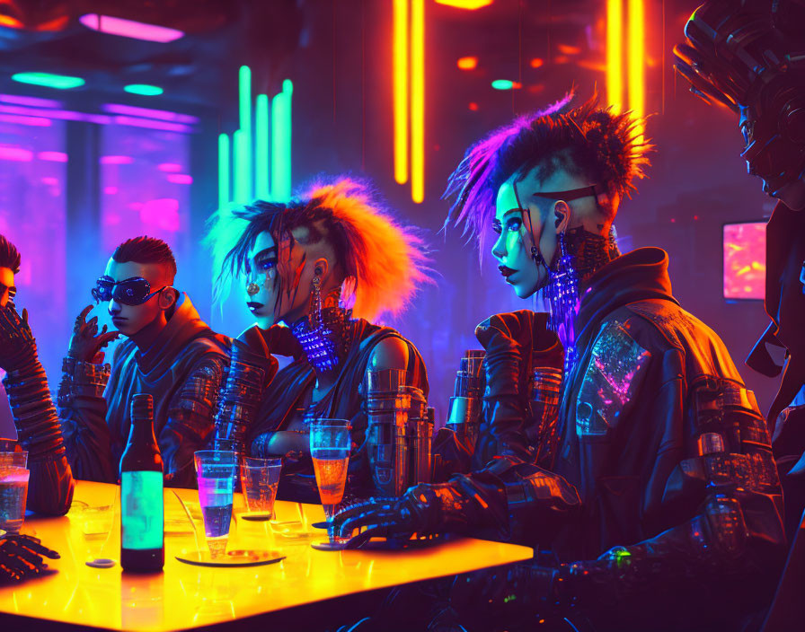 Futuristic cyberpunk fashion in neon-lit bar