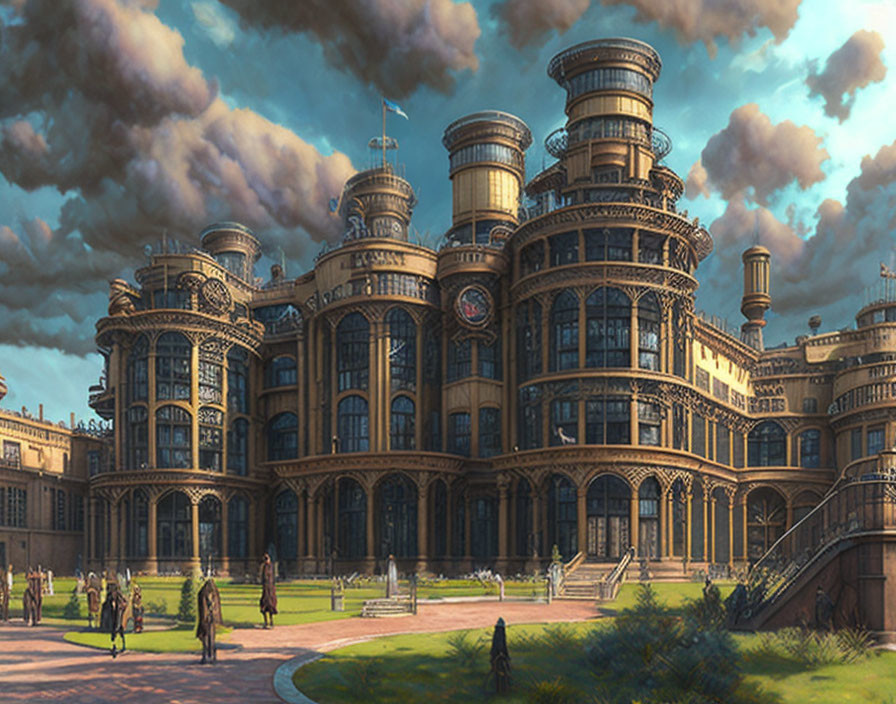 Elaborate steampunk building with round towers under overcast sky