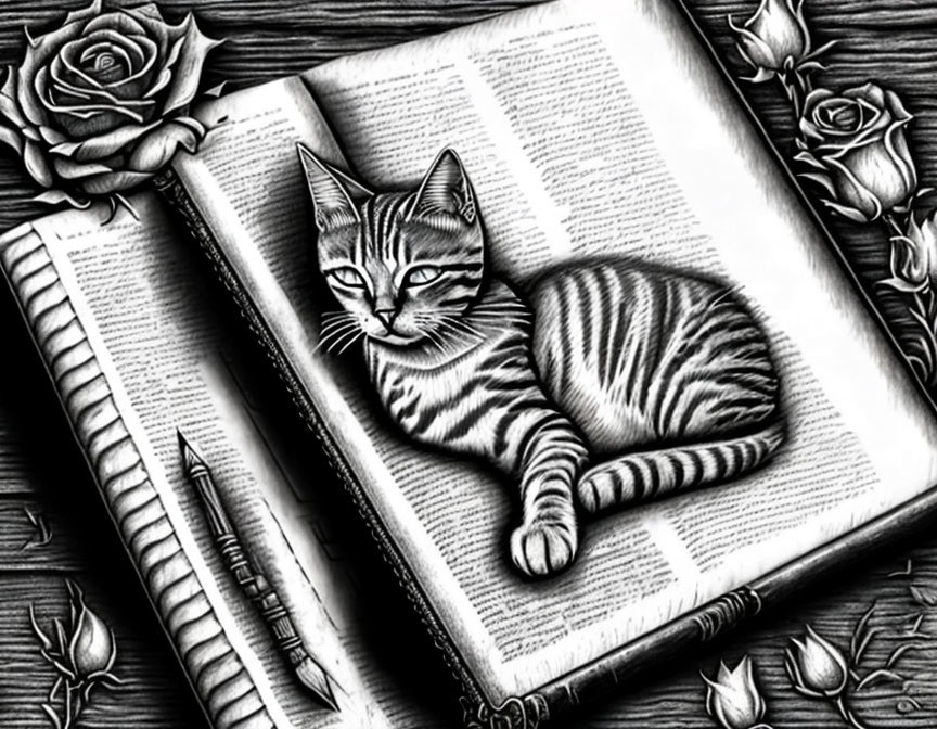 Sketch of striped cat on open book with roses and pencil nearby