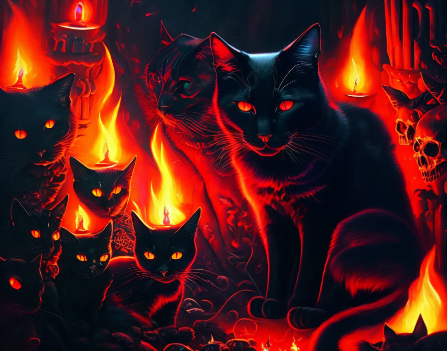 Five black cats with glowing red eyes in fiery setting