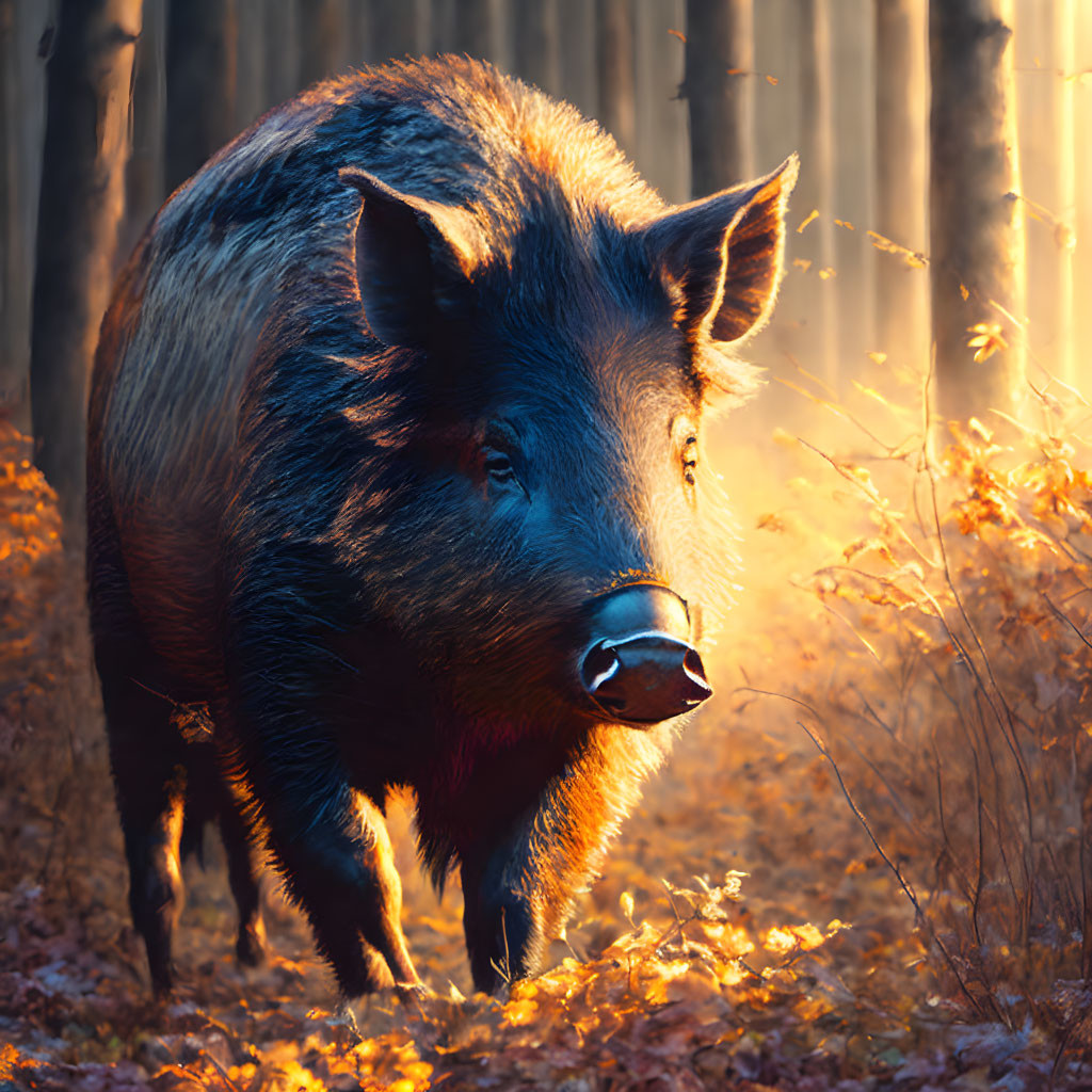 Wild boar in sunlit forest with autumn leaves and tusks.