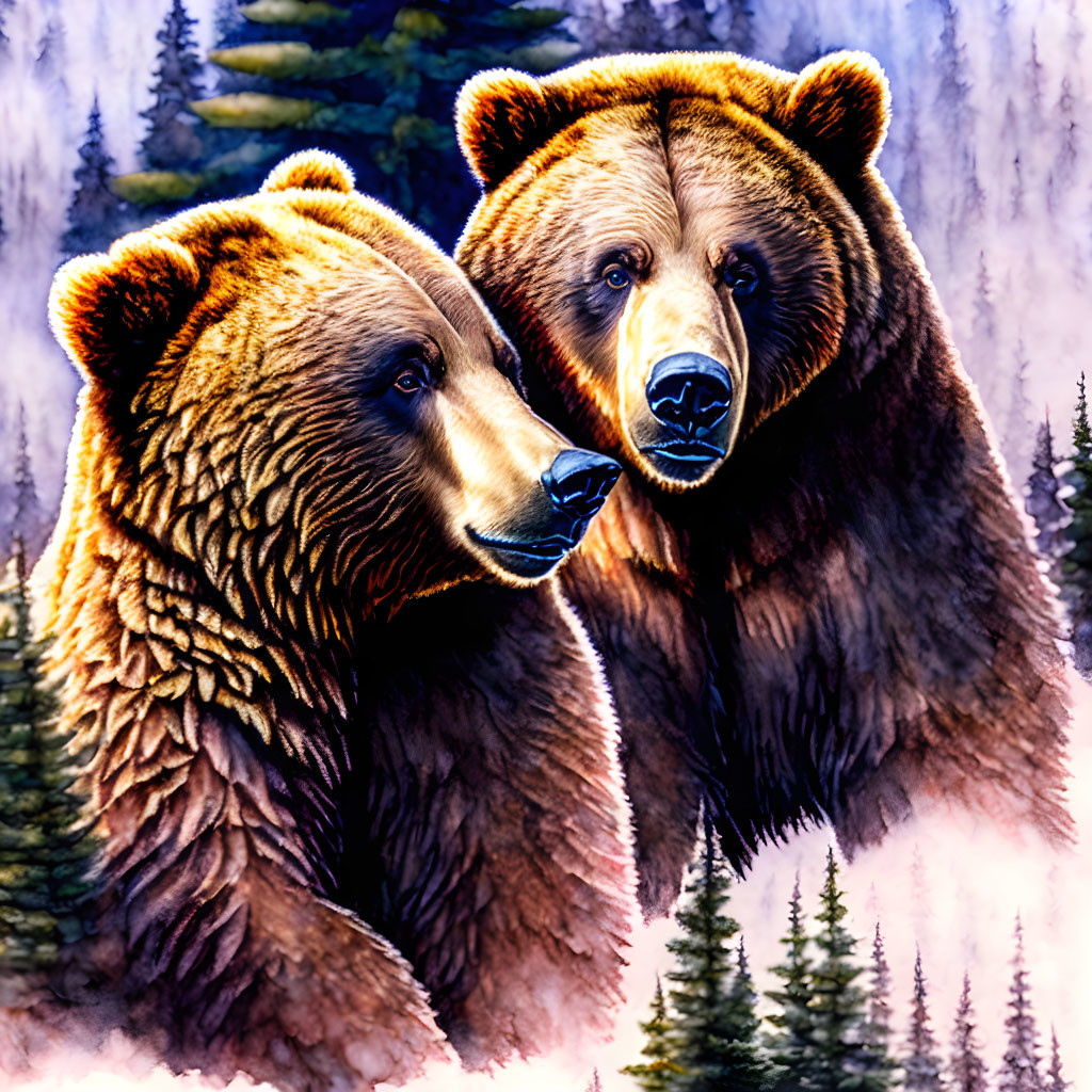 Illustrated bears with thick fur in misty forest scene