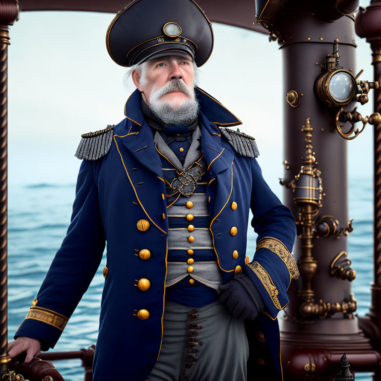 Naval captain in ornate uniform gazes over calm sea