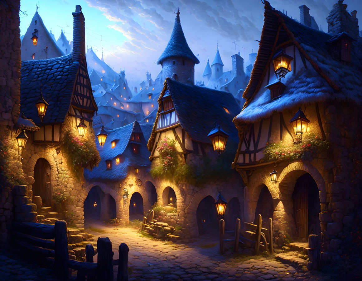 Medieval village with cobblestone paths, thatched roofs, glowing windows, and castle.