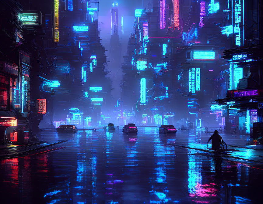 Futuristic neon cityscape at night with skyscrapers, glowing signs, and solitary figure.