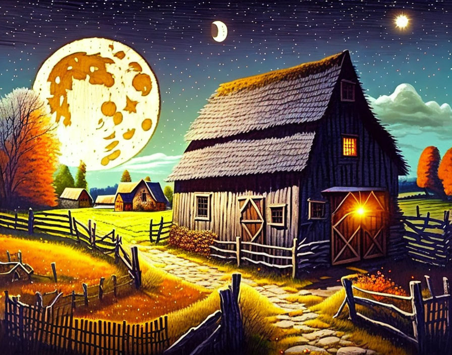 Full Moon Illuminates Rustic Nighttime Landscape