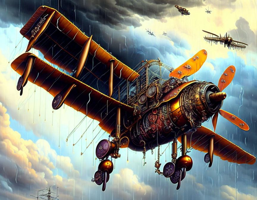 Steampunk airship digital artwork in stormy skies