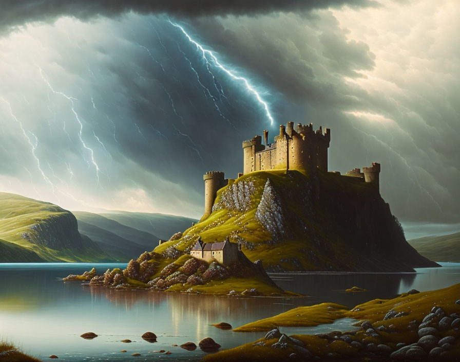 Dramatic lightning strike behind old castle on hill by calm lake