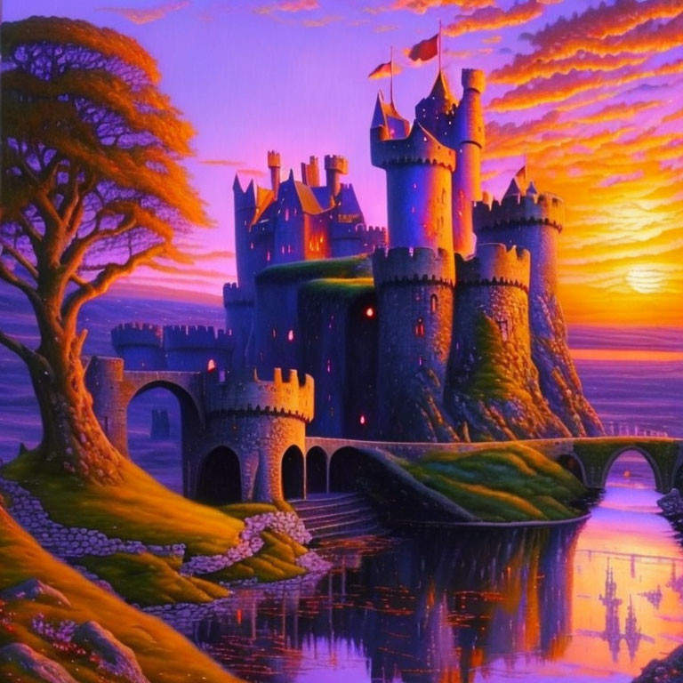 Enchanted castle with spires and towers on islet at sunset