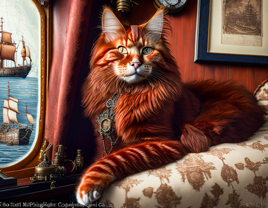 Orange Cat with Pendant in Nautical Themed Room