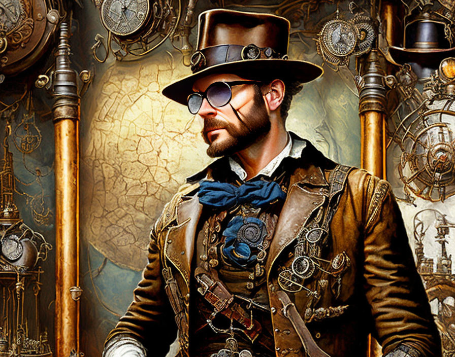 Steampunk-themed portrait of a man in top hat and goggles