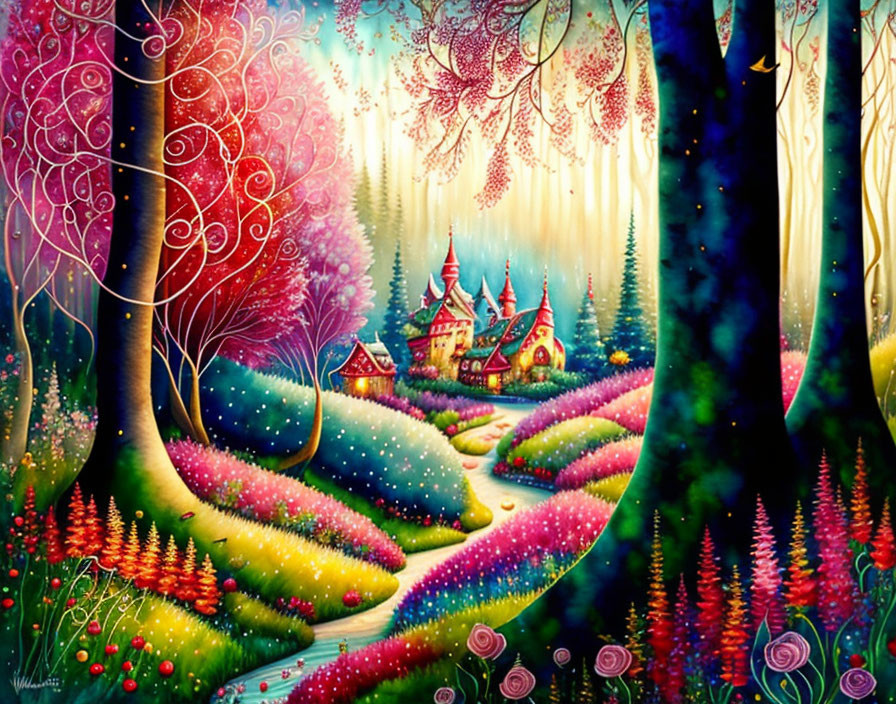 Colorful Castle in Vibrant Landscape with Starry Sky