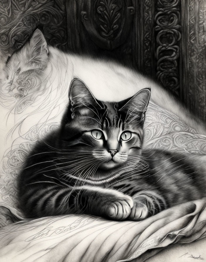 Monochrome drawing of a tabby cat with striking eyes and ornate patterns