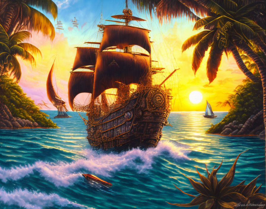 Sailing Galleon at Sunset near Tropical Island