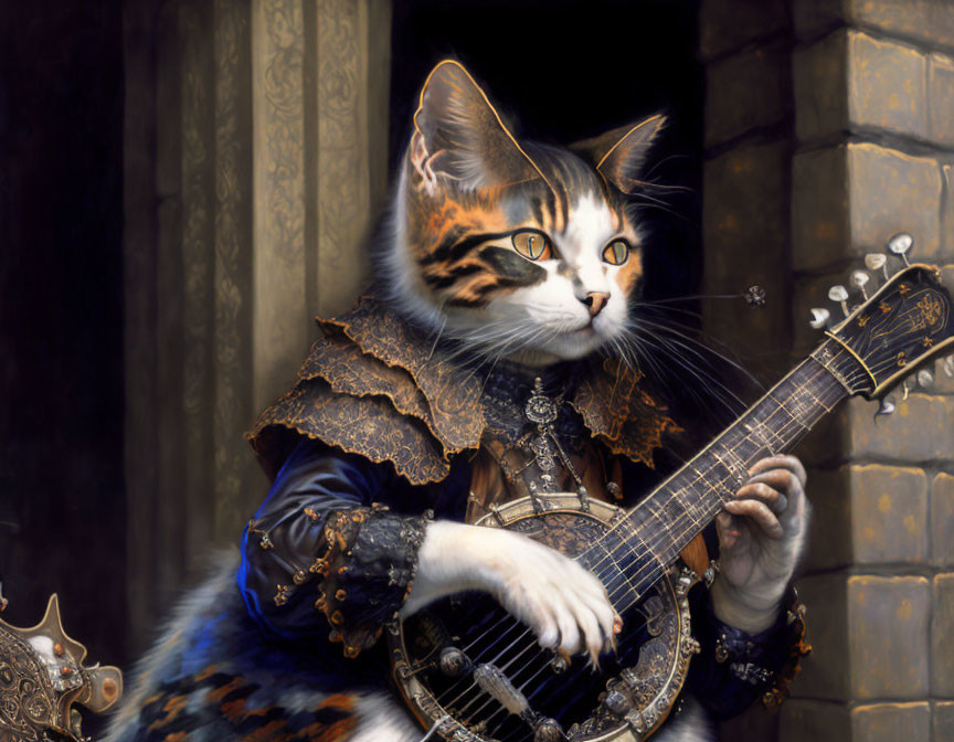 Cat in Renaissance attire playing lute against vintage architecture