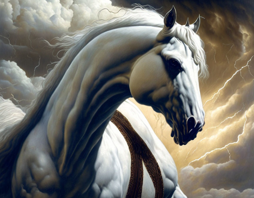 White Unicorn with Flowing Mane in Stormy Skies