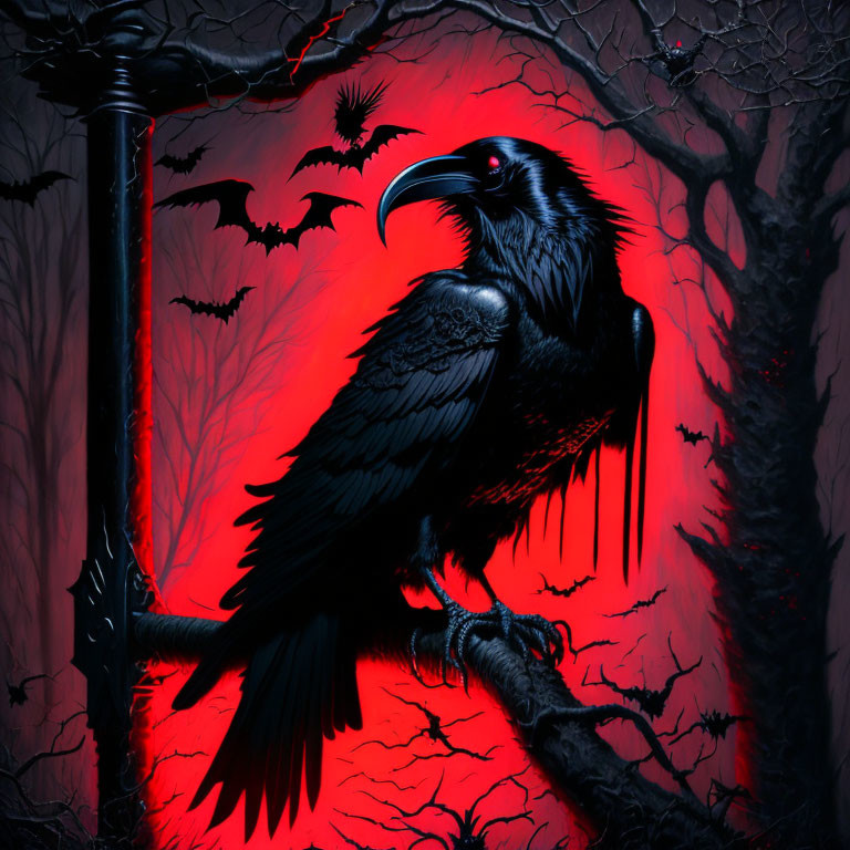 Black raven on branch under red sky with twisted trees and bats.