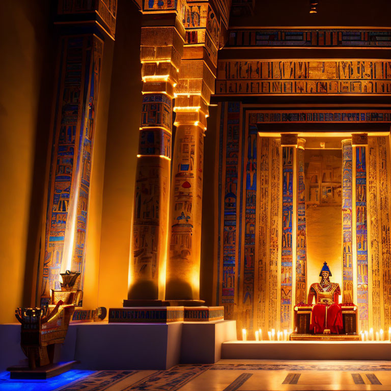 Ancient Egyptian-themed Room with Hieroglyphic Columns & Throne