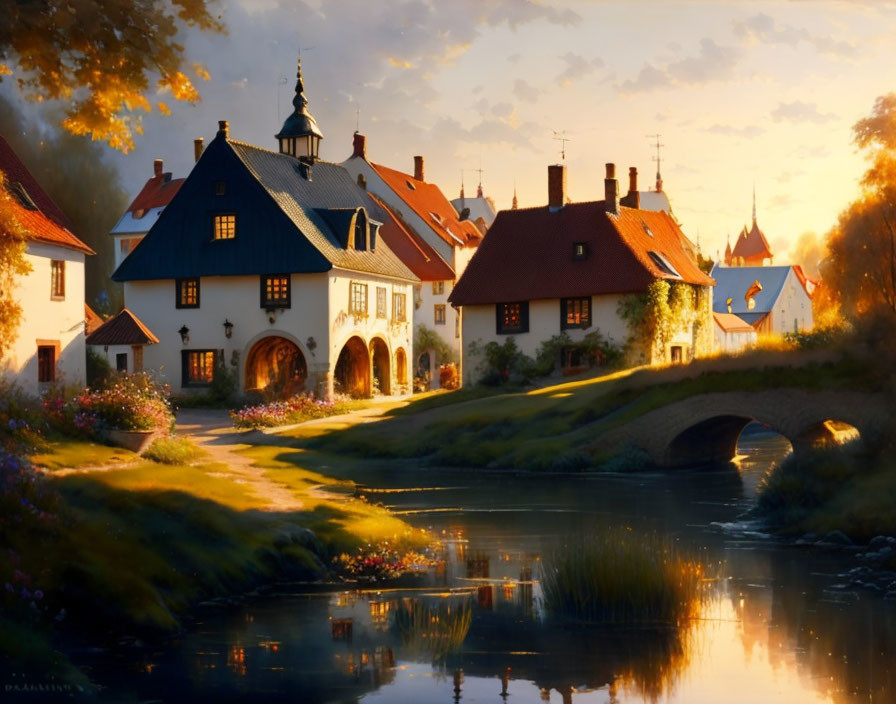 Traditional European-style buildings by calm river at sunset.