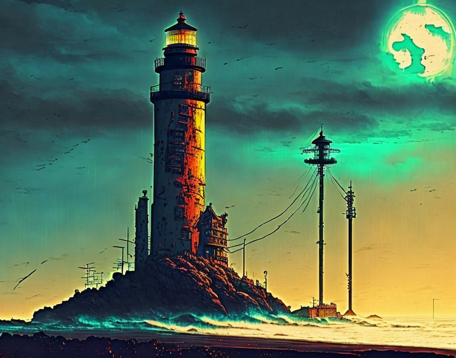 Colorful artwork of lighthouse on rocky outcrop with green moon and amber sky