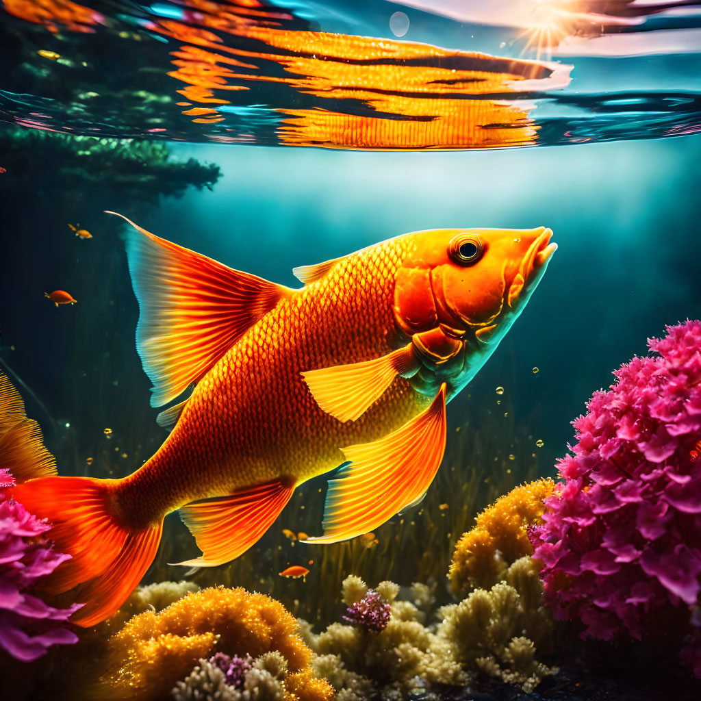 Vibrant Orange Fish Swimming Among Corals Under Sunlight