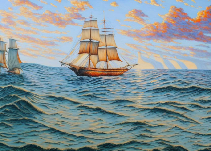 Tall-masted sailing ships on choppy waters at sunset