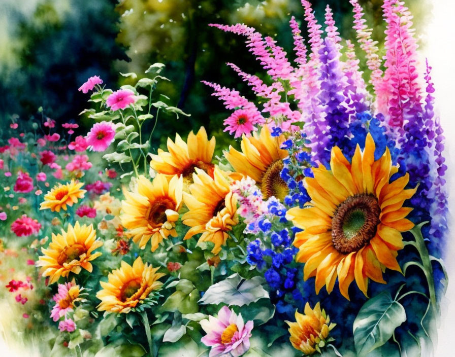 Colorful garden scene with sunflowers, purple lupins, and pink blossoms