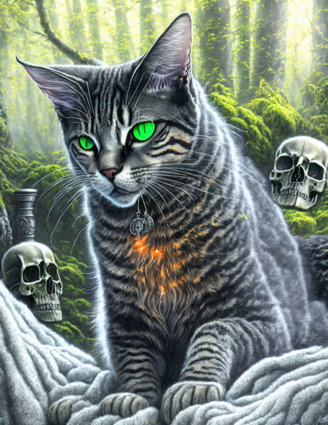 Striped Cat in Mystical Forest with Skulls and Mist